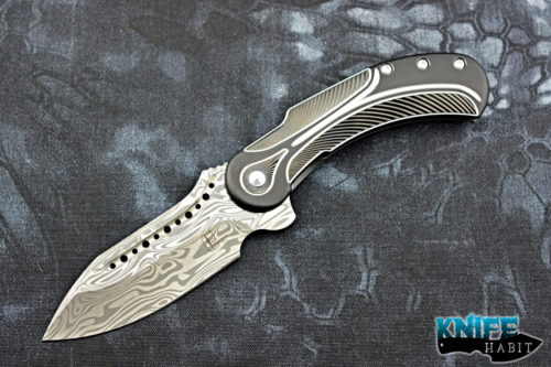 semi-custom todd begg field marshall knife, black and silver titanium, draupner damasteel blade