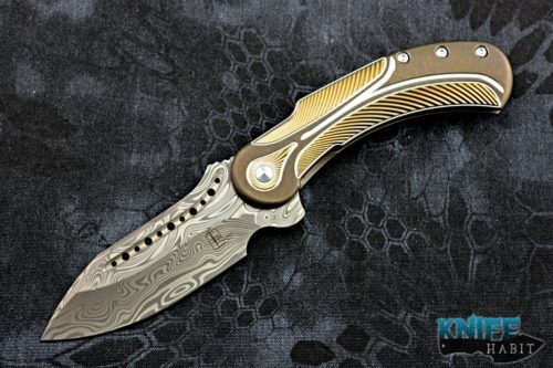 custom todd begg field marshall knife, damasteel blade, bronze gold titanium handle