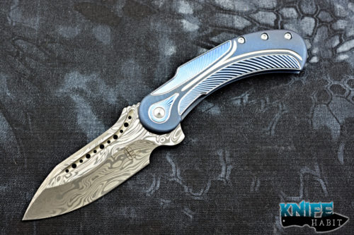 semi-custom todd begg field marshall knife, blue and silver titanium, grosserosen damasteel blade
