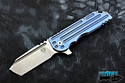 custom alphahunter tactical design warhorse custom knife, color series blue, satin 4v blade steel