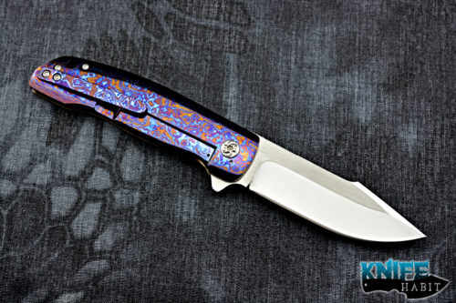 custom chad nell esg knife, moire timascus frame lock, cts-xhp mirror polished cts-xhp blade steel