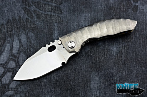 custom dalibor bergam draco integral knife, satin 3v blade steel, sculpted titanium handle