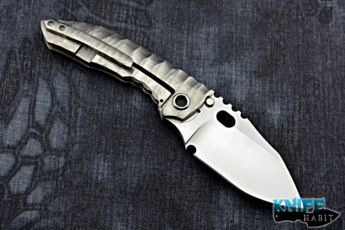 custom dalibor bergam draco integral knife, satin 3v blade steel, sculpted titanium handle