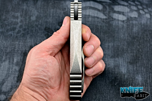 custom dalibor bergam unnamed knife, tree bark texture integral, satin cpm 3v blade steel