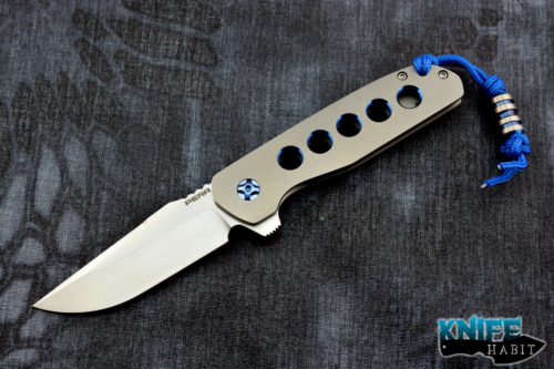 custom enrique pena talon flipper knife, blue anodized, milled hardware, satin blade finish