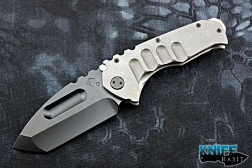 semi-custom greg medford praetorian ti knife, tumbled pvd d2 blade steel, blue anodized titanium