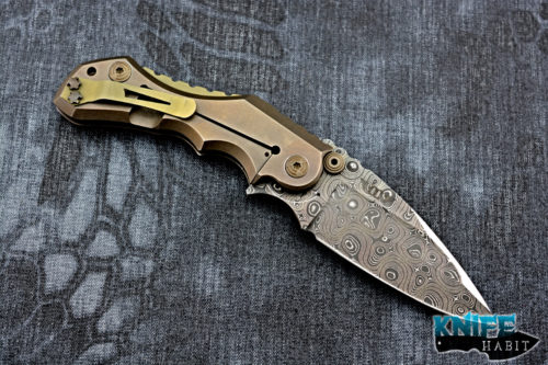 custom mikkel willumsen tyran knife, raindrop chad nichols damascus blade, full titanium frame-lock, bronze and od green anodized