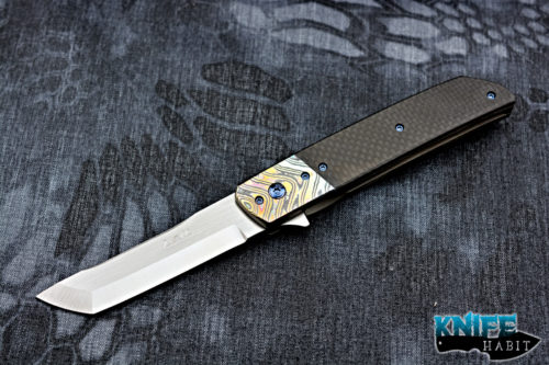 custom pohan leu hamachi flipper knife, zircuti bolsters, carbon fiber scales, titanium frame-lock side, zirconium clip