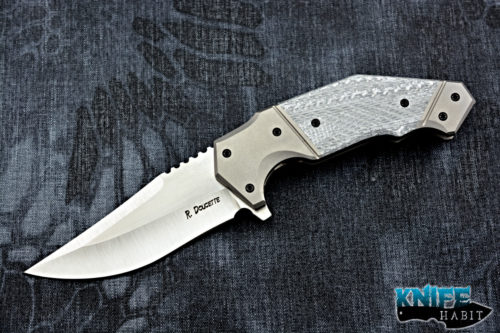 custom randy doucette interceptor knife, silver twill scales, titanium liner lock, compound grind