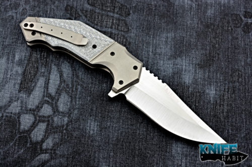 custom randy doucette interceptor knife, silver twill scales, titanium liner lock, compound grind