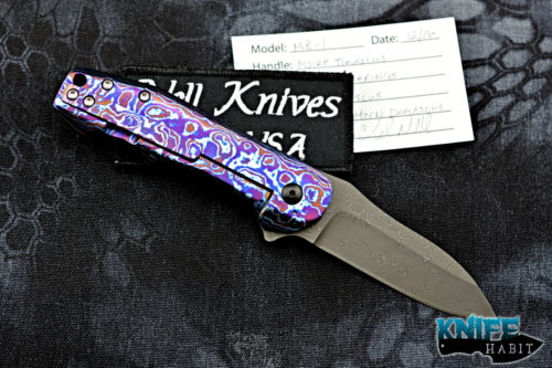 custom chad nell mb-1 knife, moire timascus frame lock handle, damascus blade steel