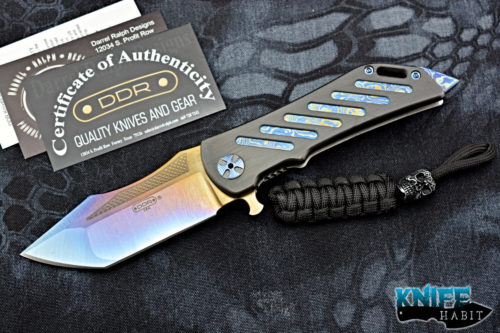 custom Darrel Ralph DDR dominator Xi knife, blue sm100 blade steel, mokuti inlays, zirconium show side