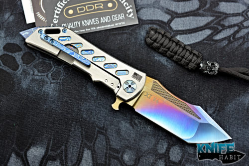 custom Darrel Ralph DDR dominator Xi knife, blue sm100 blade steel, mokuti inlays, zirconium show side