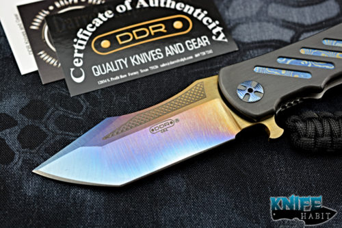 custom Darrel Ralph DDR dominator Xi knife, blue sm100 blade steel, mokuti inlays, zirconium show side