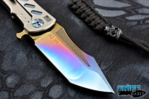 custom Darrel Ralph DDR dominator Xi knife, blue sm100 blade steel, mokuti inlays, zirconium show side