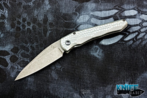 custom michal gavac gavko knives front flipper, carved arctic grey bronze titanium frame, acid washed aeb-l blade steel