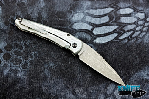 custom michal gavac gavko knives front flipper, carved arctic grey bronze titanium frame, acid washed aeb-l blade steel