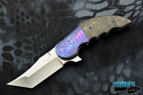 custom jeff vandermeulen tanto homicide knife, mokuti bolsters, marbled carbon fiber scales, satin rwl-34 blade