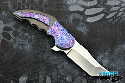 custom jeff vandermeulen tanto homicide knife, mokuti bolsters, marbled carbon fiber scales, satin rwl-34 blade