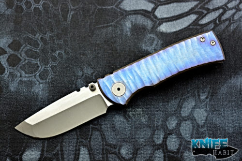 custom ramon chaves 228 knife, blurple anodized sculpted titanium frame, s35vn blade steel, bead blasted