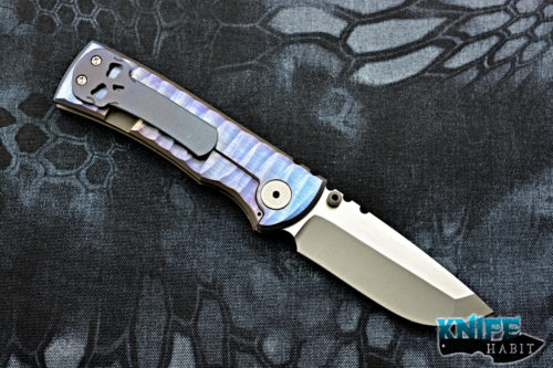 custom ramon chaves 228 knife, blurple anodized sculpted titanium frame, s35vn blade steel, bead blasted