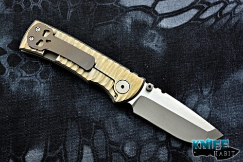 custom ramon chaves 228 knife, gold anodized sculpted titanium frame, s35vn blade steel, bead blasted