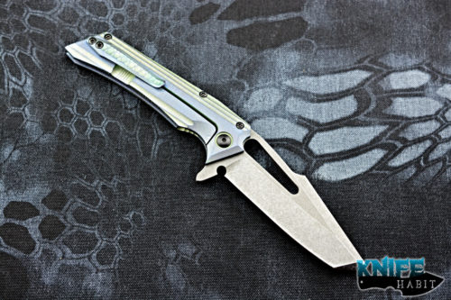 custom gavko modified hammerhead knife, custom milling blue green titanium frame, acid washed aeb-l blade steel