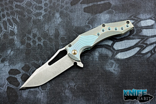 custom gavko knives thick spinner 2.0 knife, teal anodized titanium, aeb-l blade steel