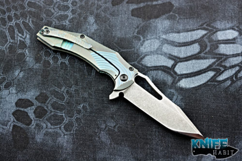 custom gavko knives thick spinner 2.0 knife, teal anodized titanium, aeb-l blade steel