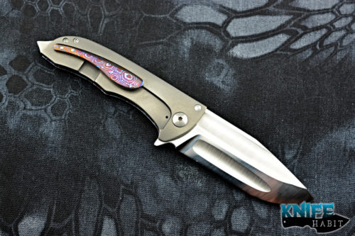 custom john gray splitter knife, raindrop mokuti, hand rubbed satin blade