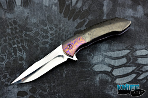 custom michael j smith defender knife, mokuti bolsters, marbled carbon fiber scales, polished cpm 154 blade steel