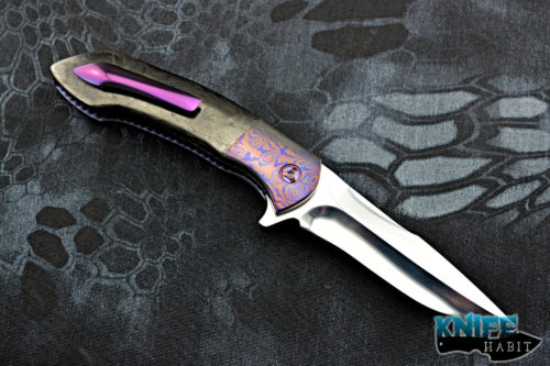 custom michael j smith defender knife, mokuti bolsters, marbled carbon fiber scales, polished cpm 154 blade steel