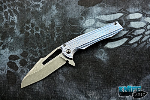 customized gavko hybrid mako v2 mid-tech knife, blue purple milled titanium