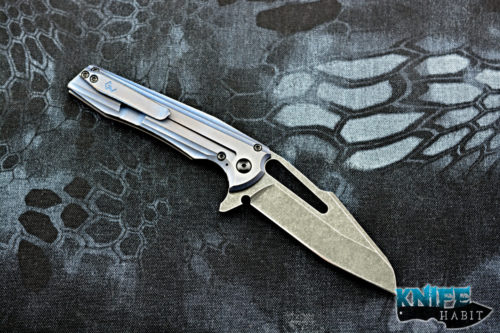 customized gavko hybrid mako v2 mid-tech knife, blue purple milled titanium