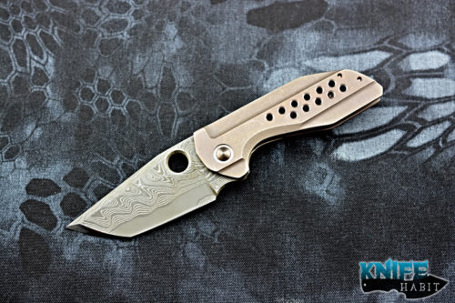 custom geoff blauvelt tuffknives catalyst knife, san mai damascus blade, mokuti back spacer, bronzed titanium frame