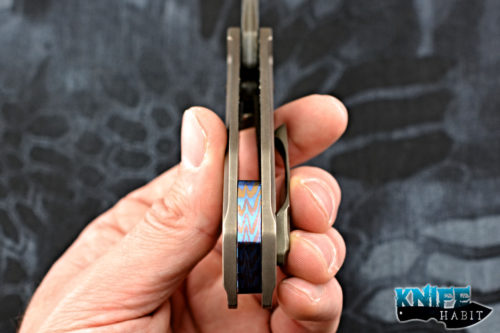 custom geoff blauvelt tuffknives catalyst knife, san mai damascus blade, mokuti back spacer, bronzed titanium frame