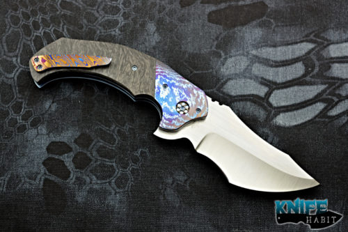 custom greg lightfoot the element knife, mokuti bolsters, marbled carbon fiber frame
