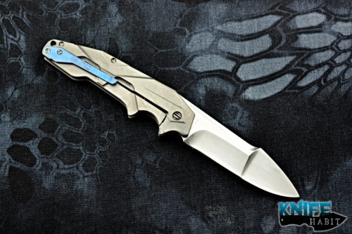 custom gtc reduced plasma knife, blue anodized flush clip, titanium frame