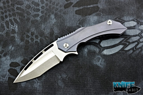 custom mikkel willumsen maddog knife, blue titanium, red clip, multigrind