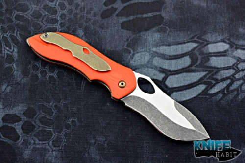 custom neil blackwood mini skirmish knife, carbon fiber inlay, orange g10, gold anodized hardware