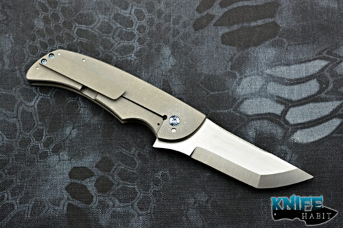custom pohan leu negligence flipper knife, zirconium bolster, blue light strike carbon fiber, satin s35vn blade steel