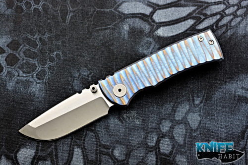 customized ramon chaves 228 knife, scultped scales, blue bronze anodized, stonewashed grind