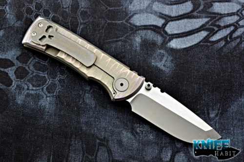 customized ramon chaves 228 knife, scultped scales, blurple anodized, stonewashed grind