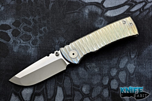 customized ramon chaves 228 knife, scultped scales, green blue anodized, stonewashed grind
