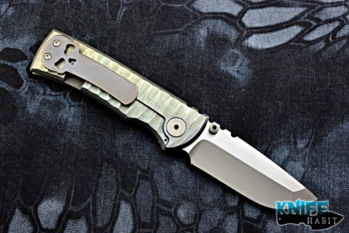 customized ramon chaves 228 knife, scultped scales, green blue anodized, stonewashed grind