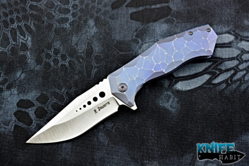 custom randy doucette crossbones knife, thick s30v blade steel, blue sculpted titanium frame-lock