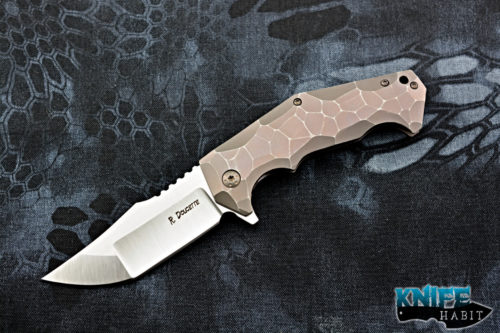 custom randy doucette serpent frame-lock knife, sculpted purple bronze titanium, s35vn blade steel