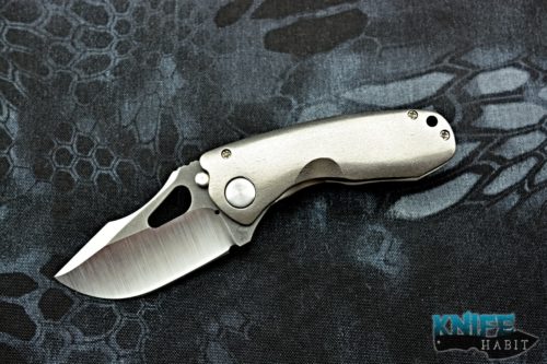 custom damjan prototype 3" knife #1, orange peeled titanium contoured, two tone hollow grind 3v blade steel