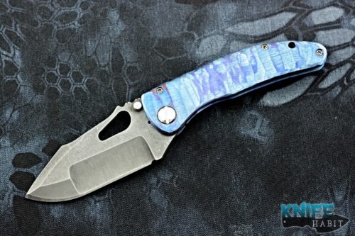 custom damjan eror saurus knife, compound grind acid wash 3v blade, blue purple sculpted handle