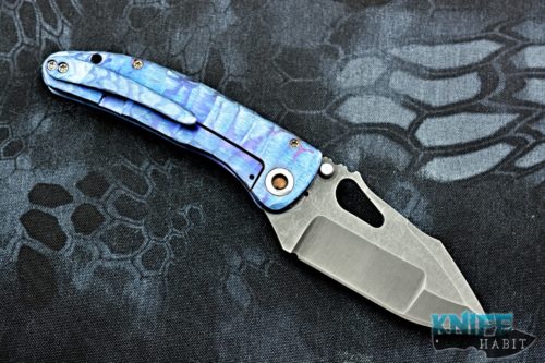 custom damjan eror saurus knife, compound grind acid wash 3v blade, blue purple sculpted handle